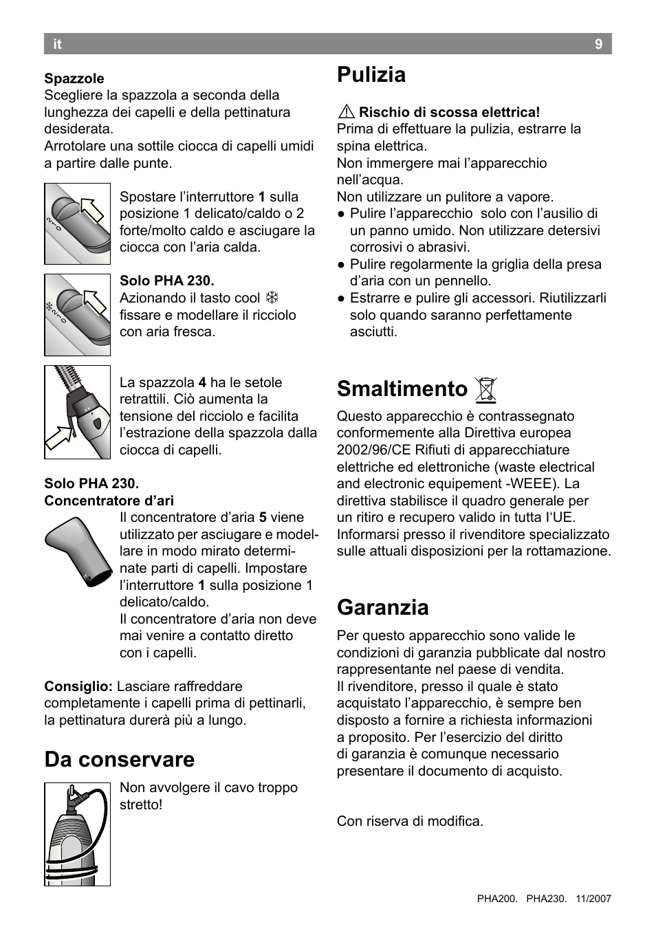 Da conservare, Pulizia, Smaltimento | Garanzia | Bosch PHA2300 Warmluftstylingbürste beautixx curly User Manual | Page 11 / 47
