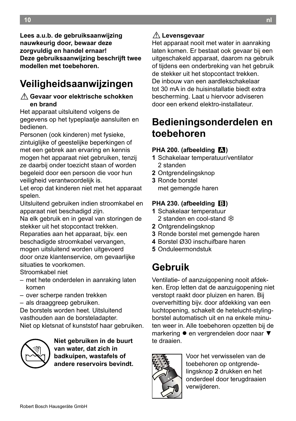 Veiligheidsaanwijzingen, Bedieningsonderdelen en toebehoren, Gebruik | Bosch PHA2300 Warmluftstylingbürste beautixx curly User Manual | Page 12 / 47