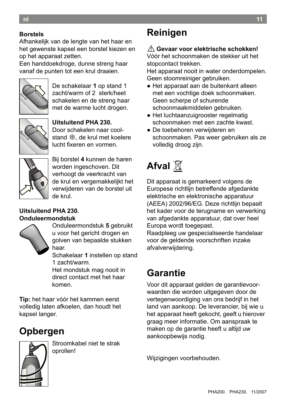 Opbergen, Reinigen, Afval | Garantie | Bosch PHA2300 Warmluftstylingbürste beautixx curly User Manual | Page 13 / 47