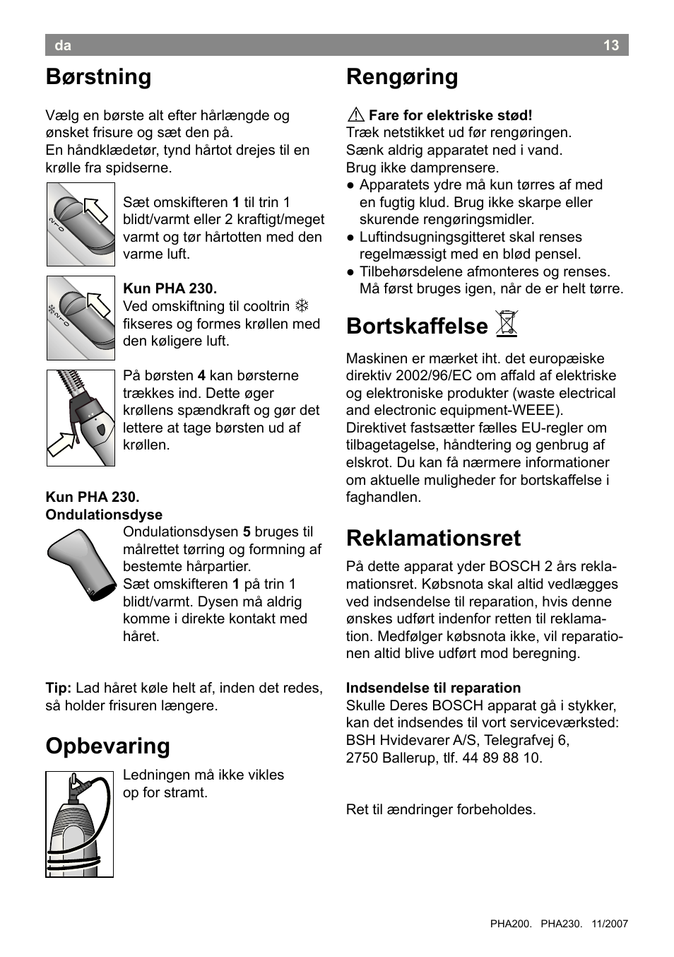 Børstning, Opbevaring, Rengøring | Bortskaffelse, Reklamationsret | Bosch PHA2300 Warmluftstylingbürste beautixx curly User Manual | Page 15 / 47
