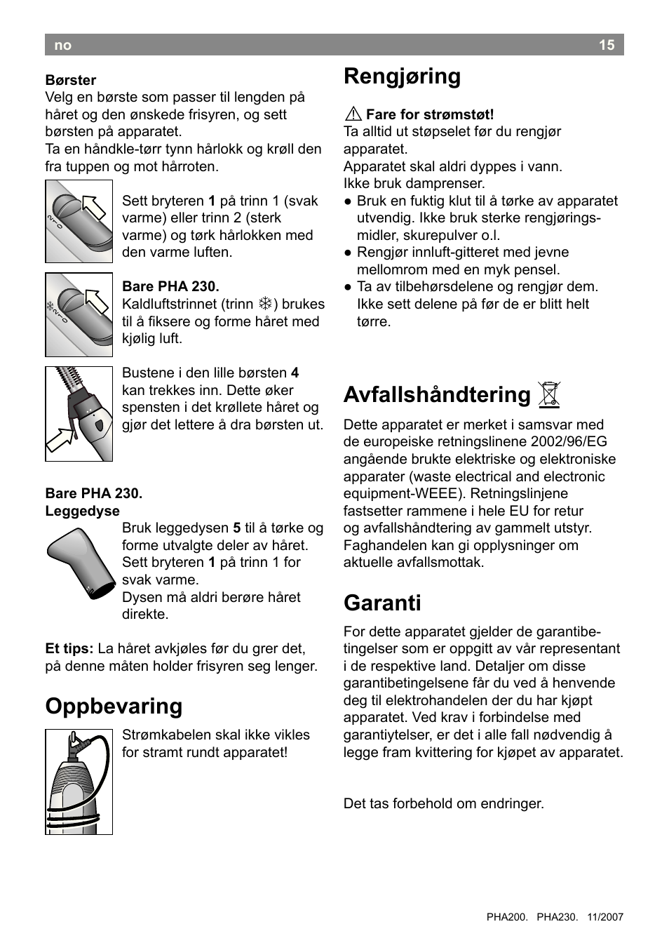 Oppbevaring, Rengjøring, Avfallshåndtering | Garanti | Bosch PHA2300 Warmluftstylingbürste beautixx curly User Manual | Page 17 / 47