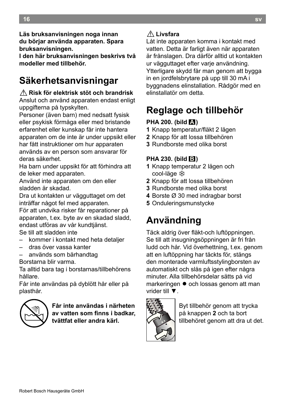 Reglage och tillbehör, Användning, Säkerhetsanvisningar | Bosch PHA2300 Warmluftstylingbürste beautixx curly User Manual | Page 18 / 47