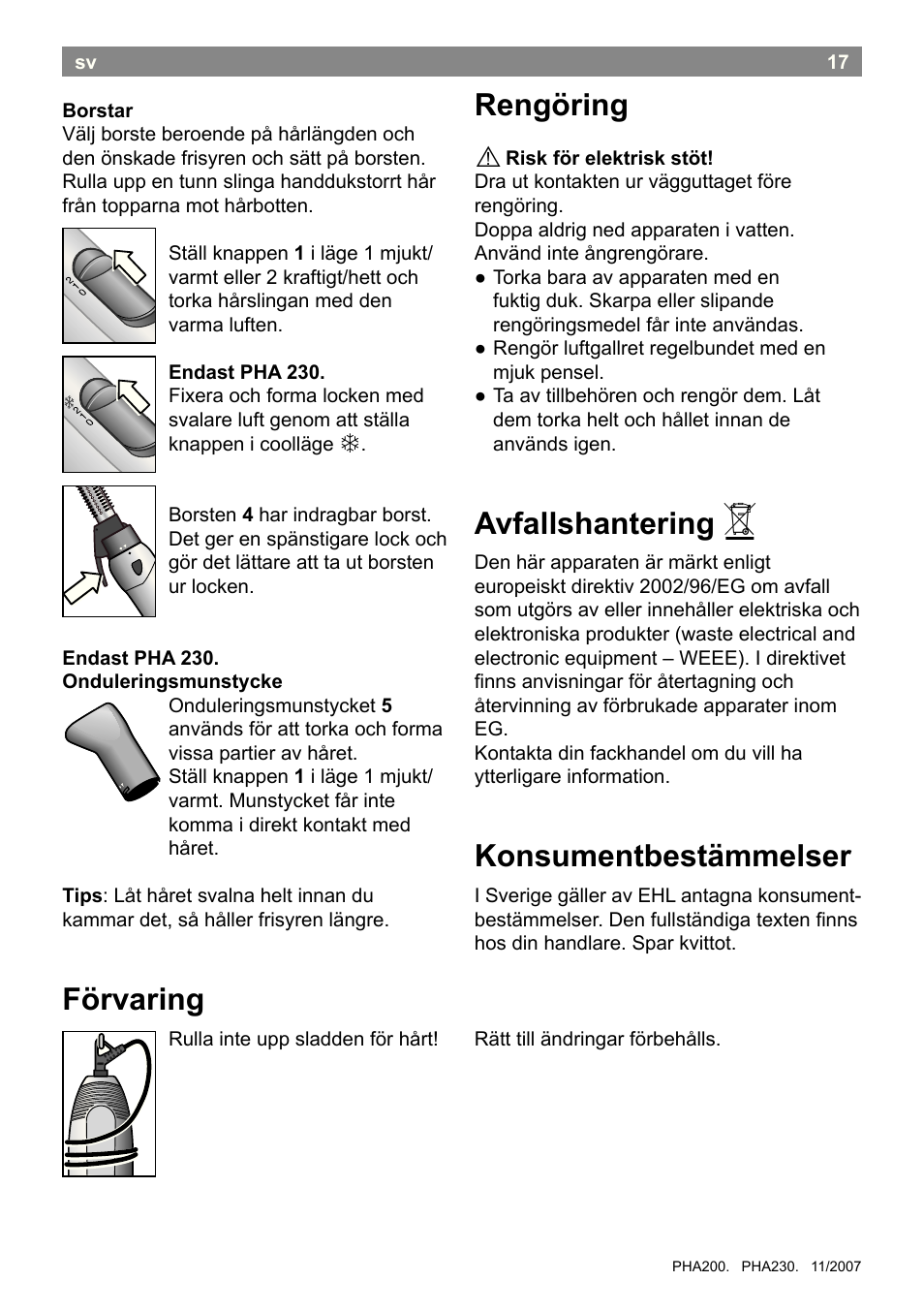 Rengöring, Avfallshantering, Konsumentbestämmelser | Förvaring | Bosch PHA2300 Warmluftstylingbürste beautixx curly User Manual | Page 19 / 47