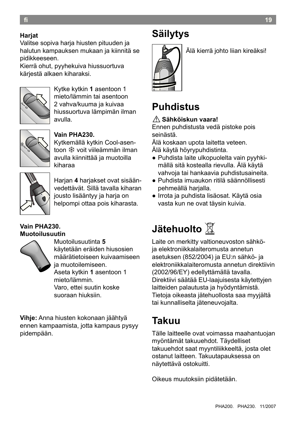 Säilytys, Puhdistus, Jätehuolto | Takuu | Bosch PHA2300 Warmluftstylingbürste beautixx curly User Manual | Page 21 / 47