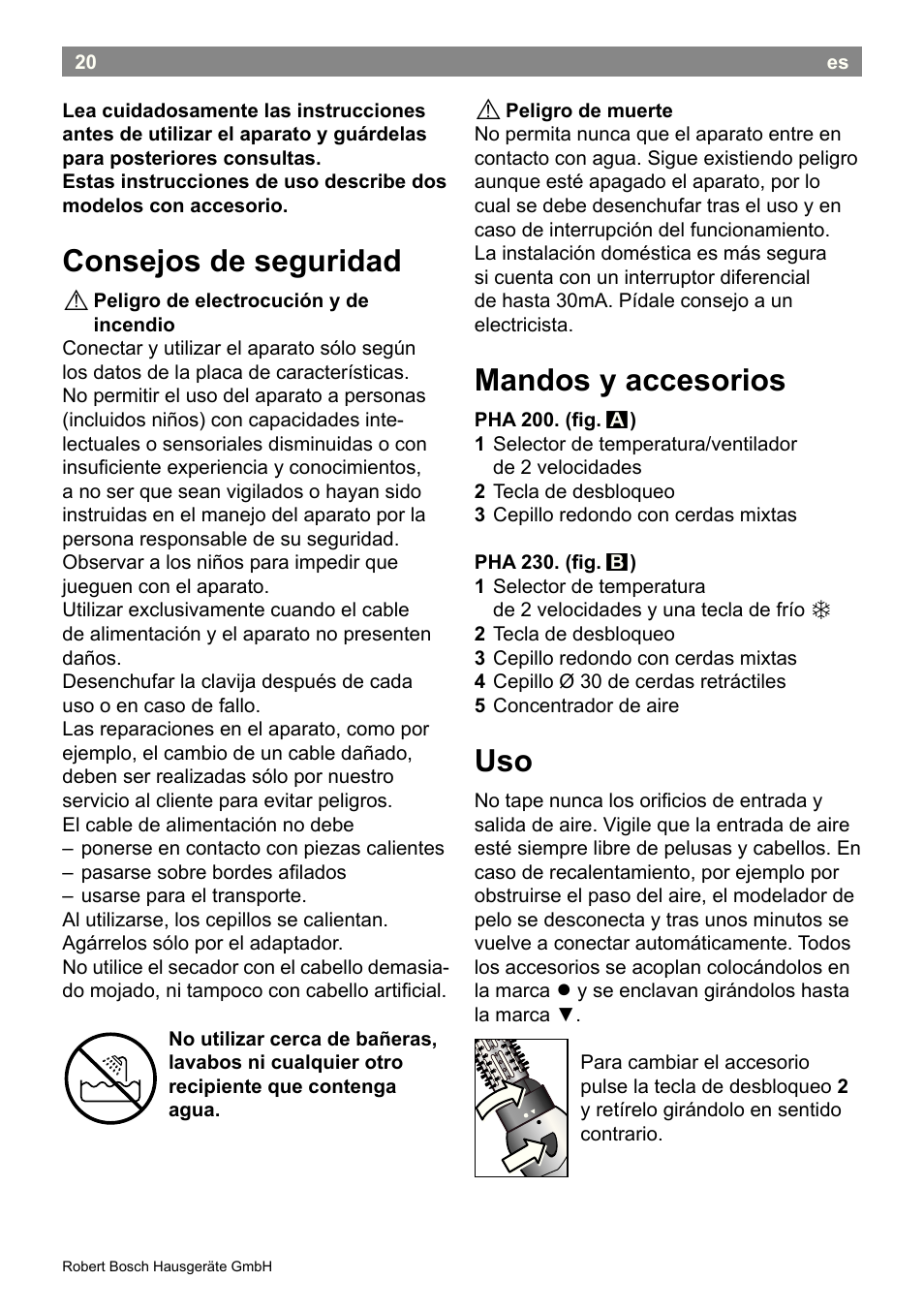 Mandos y accesorios, Consejos de seguridad | Bosch PHA2300 Warmluftstylingbürste beautixx curly User Manual | Page 22 / 47