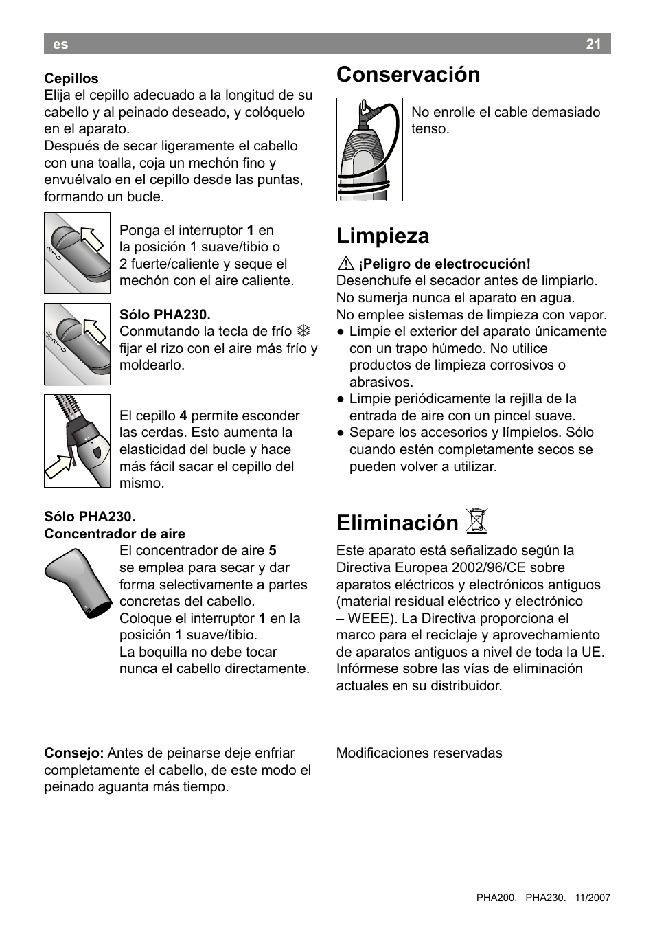 Conservación, Limpieza, Eliminación | Bosch PHA2300 Warmluftstylingbürste beautixx curly User Manual | Page 23 / 47