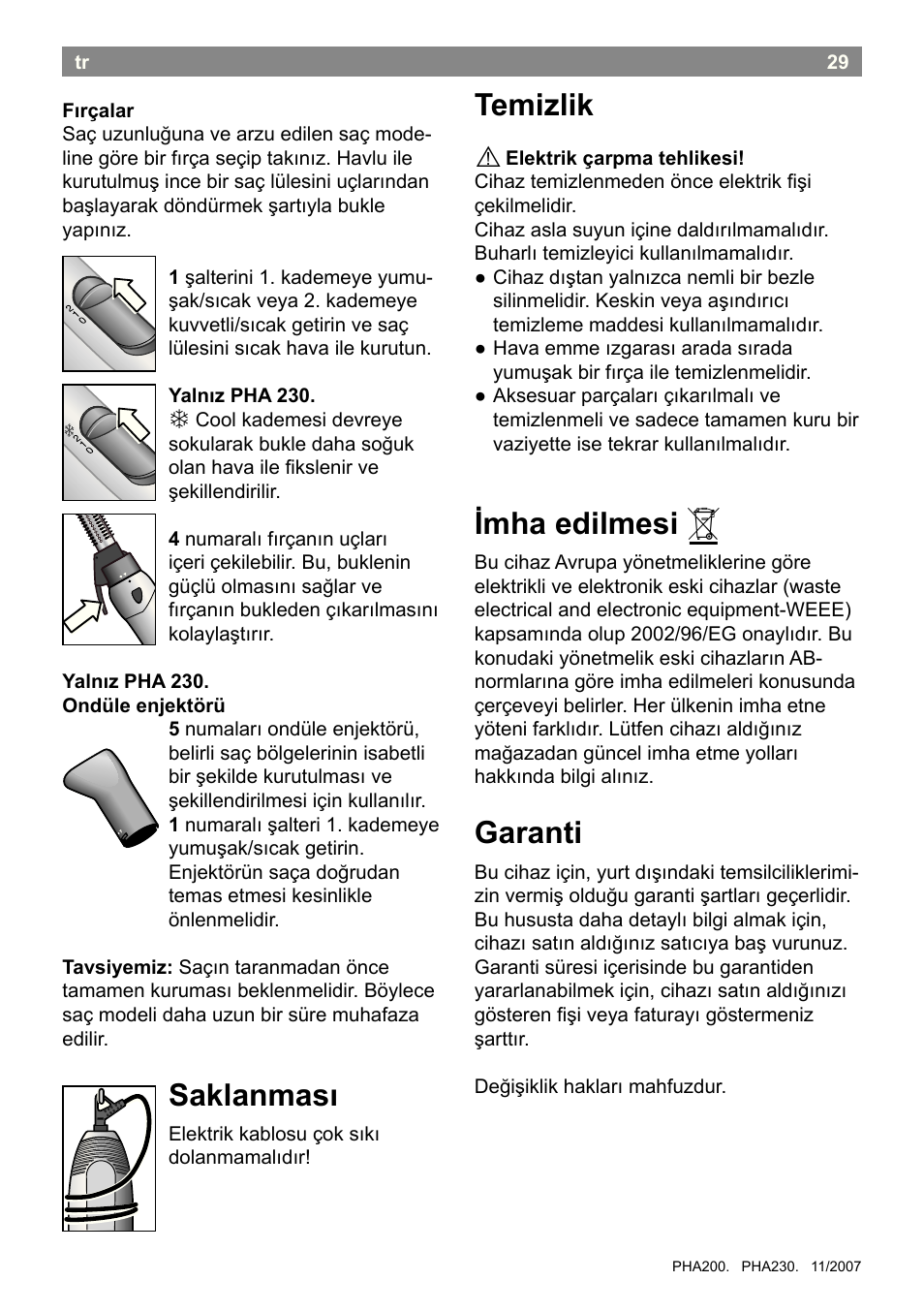 Temizlik, Imha edilmesi, Garanti | Saklanması | Bosch PHA2300 Warmluftstylingbürste beautixx curly User Manual | Page 31 / 47