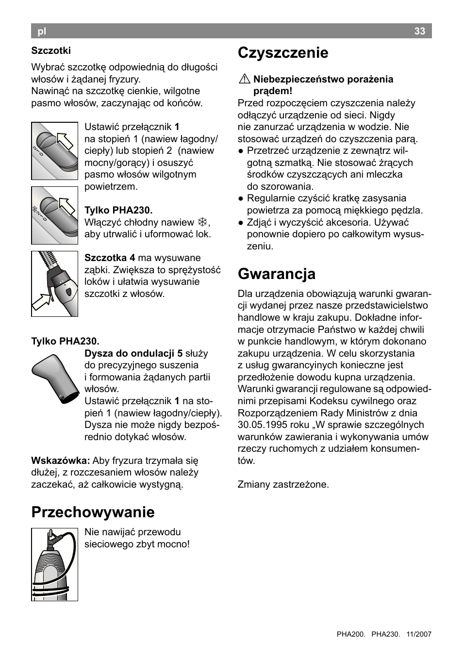 Czyszczenie, Gwarancja, Przechowywanie | Bosch PHA2300 Warmluftstylingbürste beautixx curly User Manual | Page 35 / 47