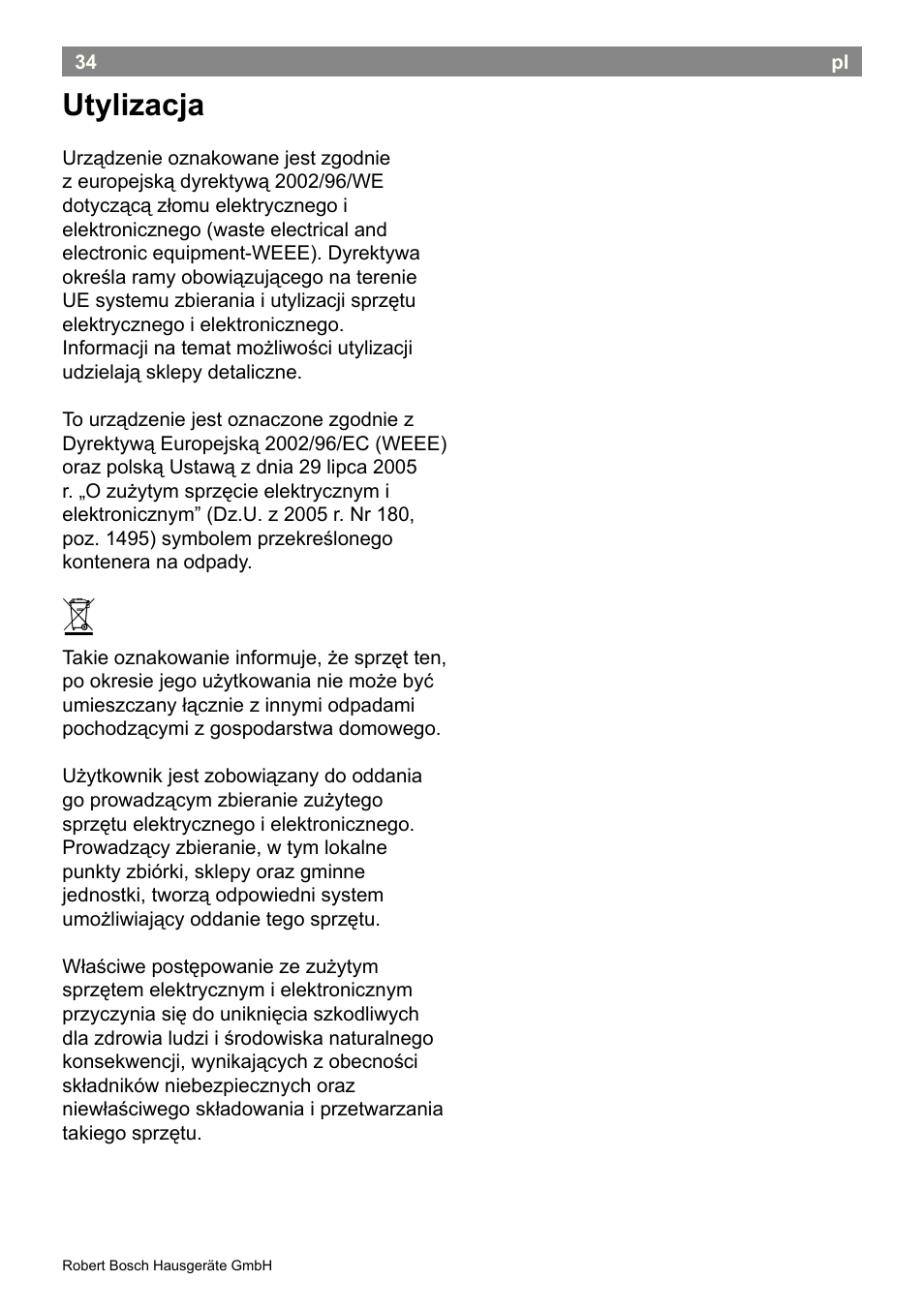 Utylizacja | Bosch PHA2300 Warmluftstylingbürste beautixx curly User Manual | Page 36 / 47