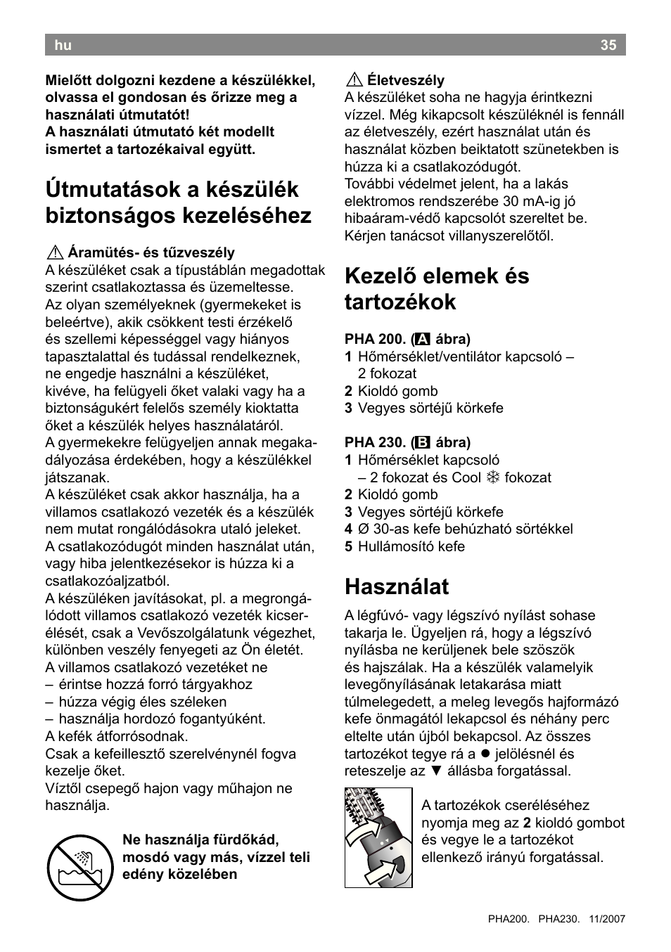 Útmutatások a készülék biztonságos kezeléséhez, Kezelő elemek és tartozékok, Használat | Bosch PHA2300 Warmluftstylingbürste beautixx curly User Manual | Page 37 / 47