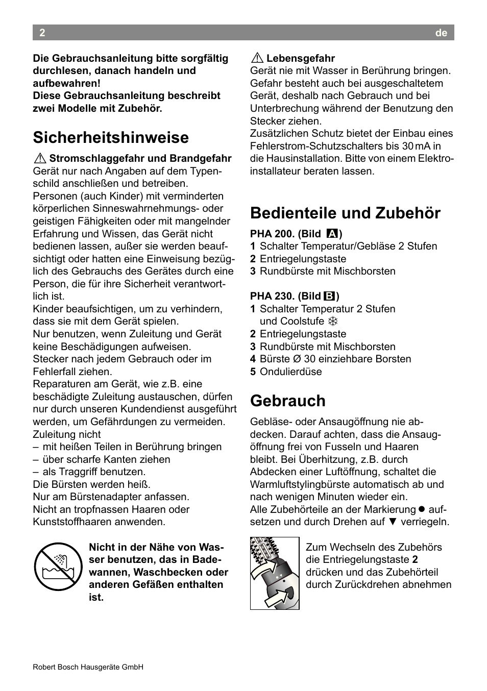 Sicherheitshinweise, Bedienteile und zubehör, Gebrauch | Bosch PHA2300 Warmluftstylingbürste beautixx curly User Manual | Page 4 / 47