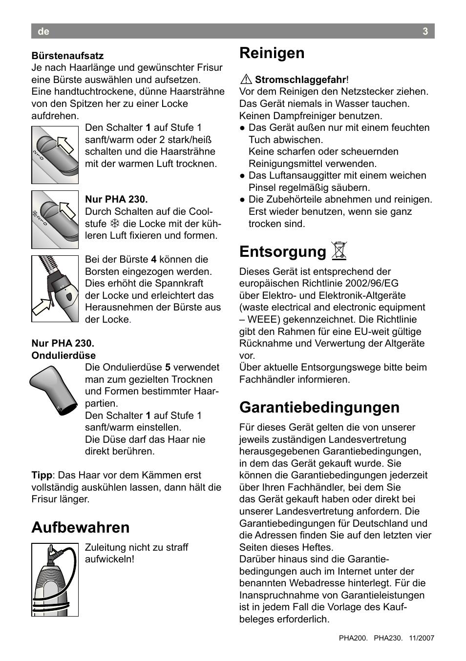 Aufbewahren, Reinigen, Entsorgung | Garantiebedingungen | Bosch PHA2300 Warmluftstylingbürste beautixx curly User Manual | Page 5 / 47