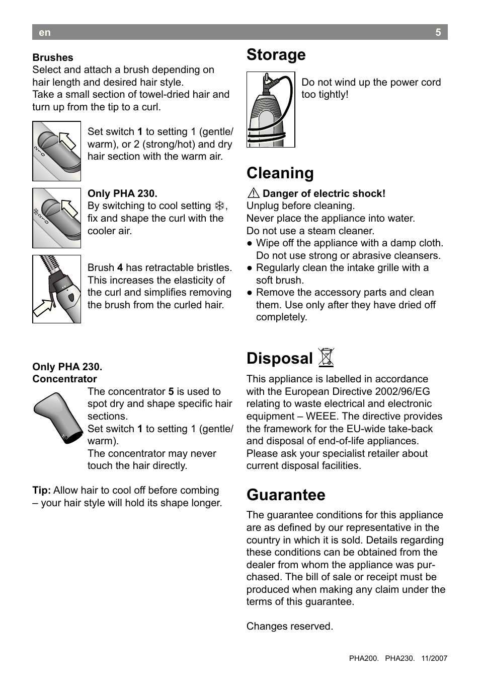 Storage, Cleaning, Disposal | Guarantee | Bosch PHA2300 Warmluftstylingbürste beautixx curly User Manual | Page 7 / 47