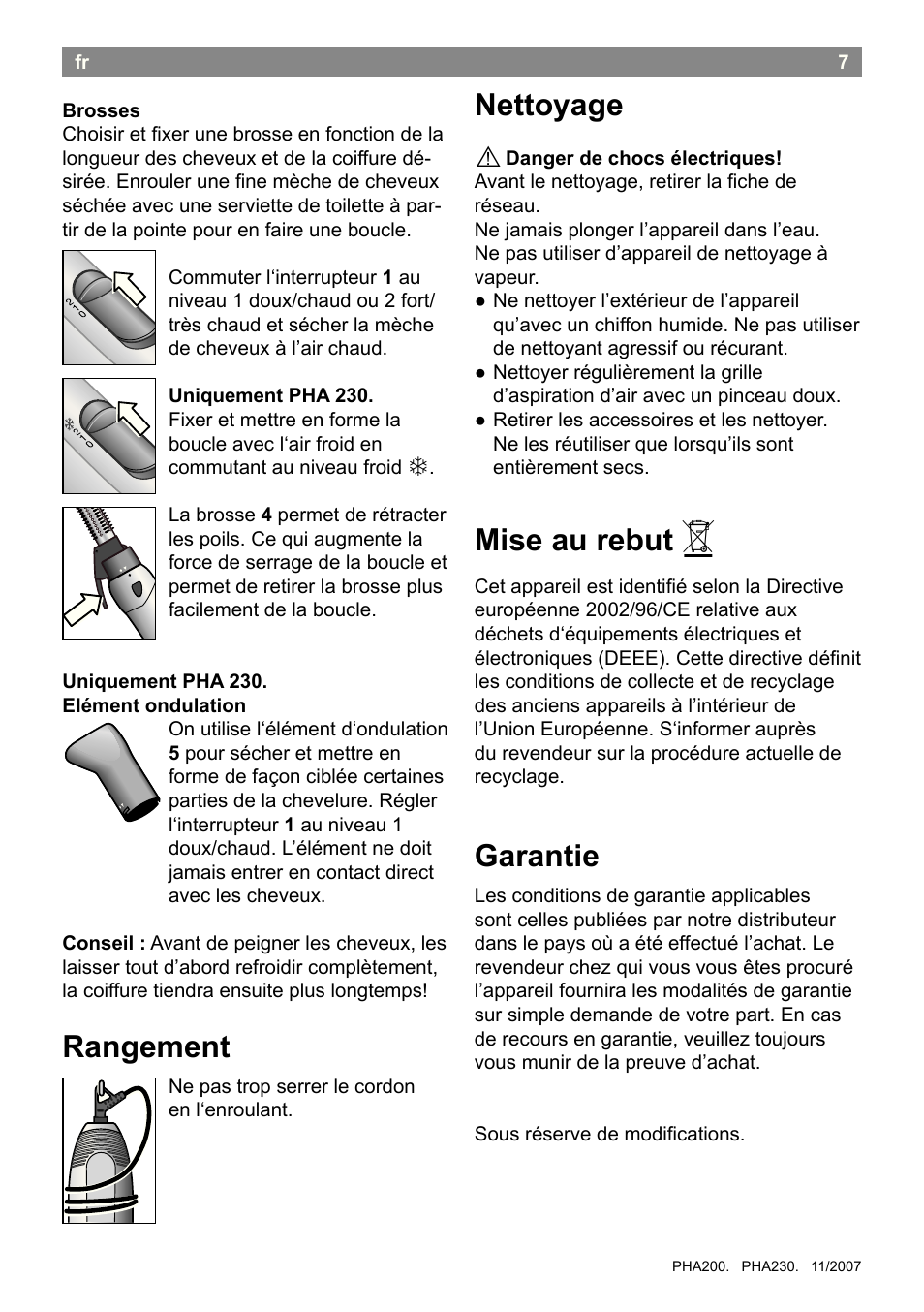 Rangement, Nettoyage, Mise au rebut | Garantie | Bosch PHA2300 Warmluftstylingbürste beautixx curly User Manual | Page 9 / 47