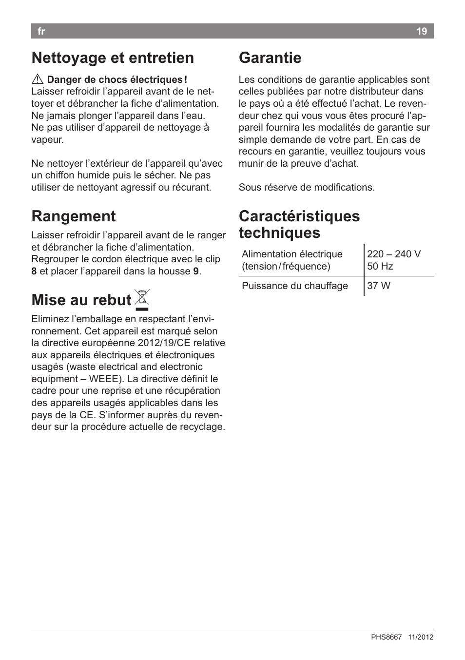 Nettoyage et entretien, Rangement, Mise au rebut | Garantie, Caractéristiques techniques | Bosch PHS8667 Haarglätter ProSalon SensorProtection User Manual | Page 23 / 134