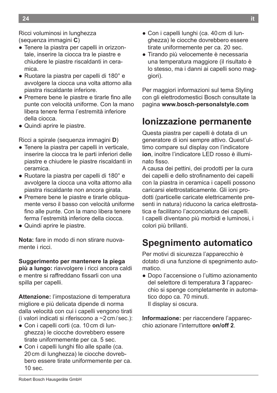 Ionizzazione permanente, Spegnimento automatico | Bosch PHS8667 Haarglätter ProSalon SensorProtection User Manual | Page 28 / 134