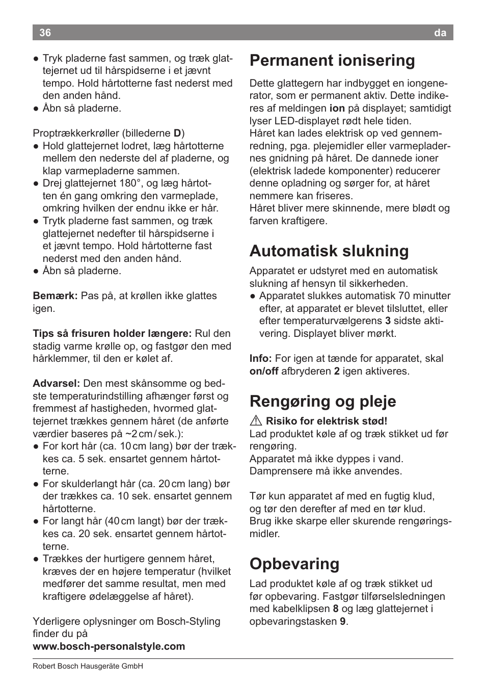 Permanent ionisering, Automatisk slukning, Rengøring og pleje | Opbevaring | Bosch PHS8667 Haarglätter ProSalon SensorProtection User Manual | Page 40 / 134