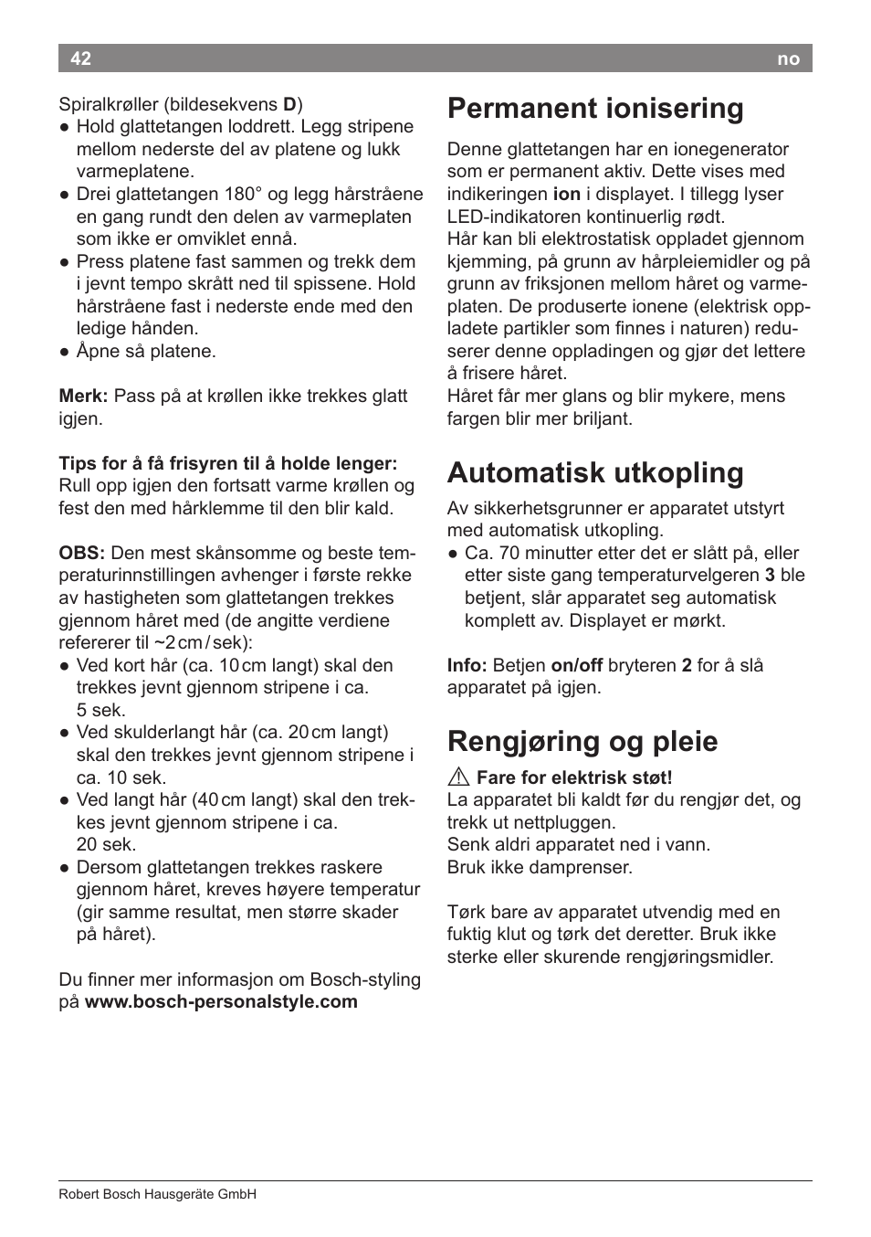 Permanent ionisering, Automatisk utkopling, Rengjøring og pleie | Bosch PHS8667 Haarglätter ProSalon SensorProtection User Manual | Page 46 / 134