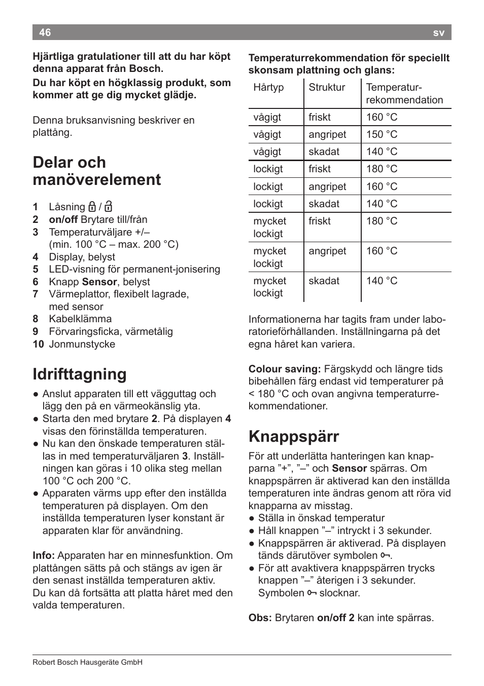 Delar och manöverelement, Idrifttagning, Knappspärr | Bosch PHS8667 Haarglätter ProSalon SensorProtection User Manual | Page 50 / 134