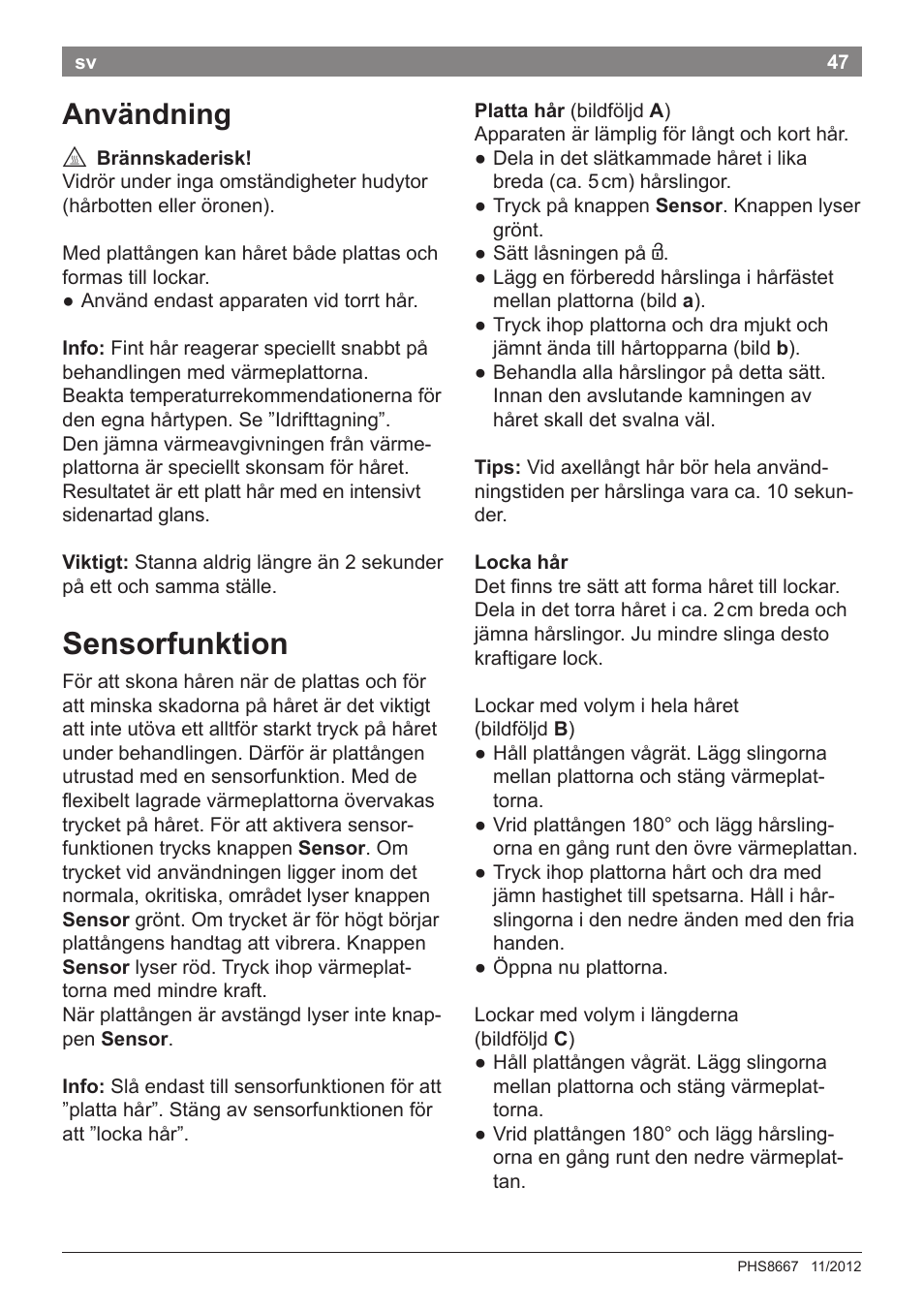 Sensorfunktion, Användning | Bosch PHS8667 Haarglätter ProSalon SensorProtection User Manual | Page 51 / 134