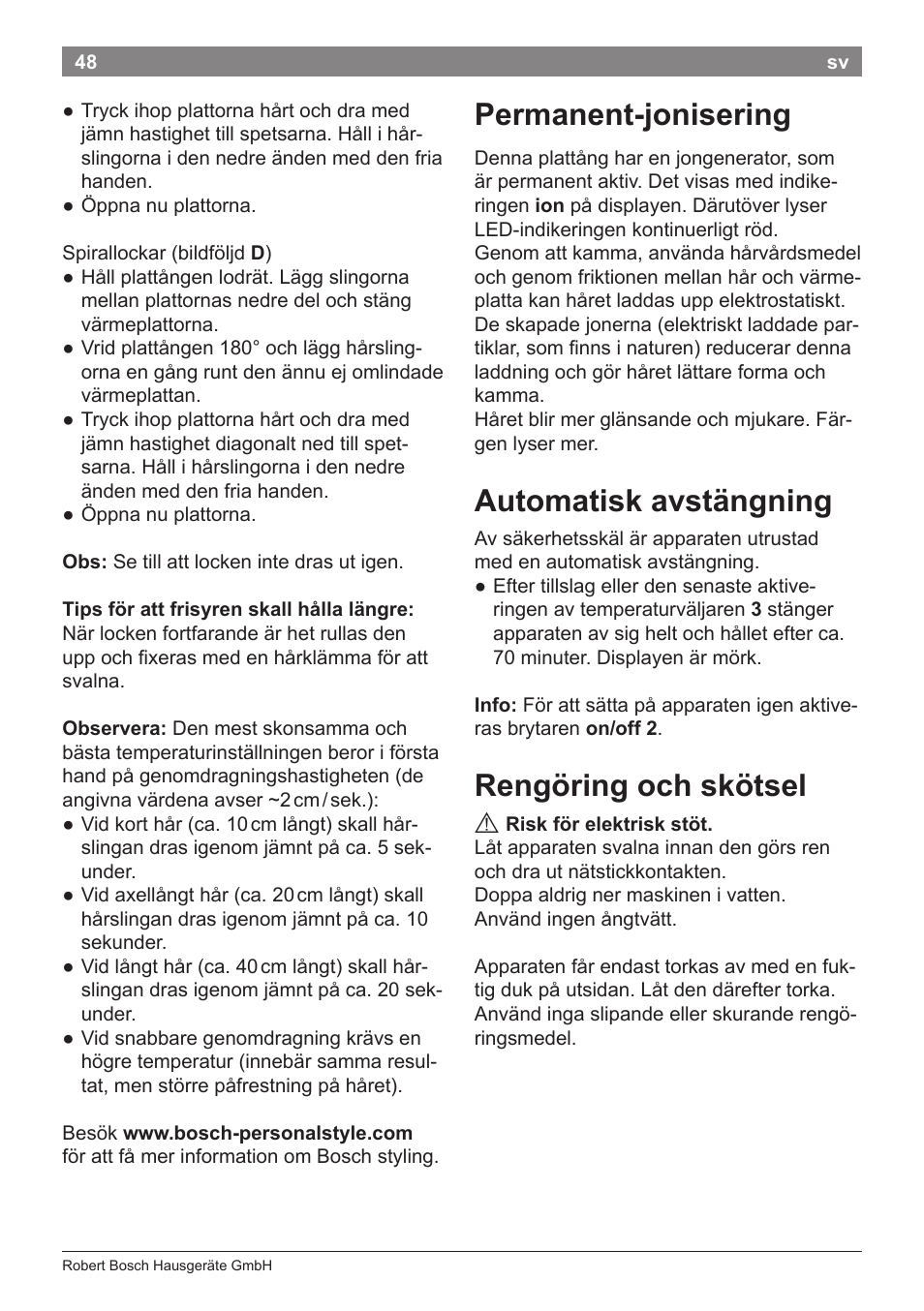 Permanent-jonisering, Automatisk avstängning, Rengöring och skötsel | Bosch PHS8667 Haarglätter ProSalon SensorProtection User Manual | Page 52 / 134