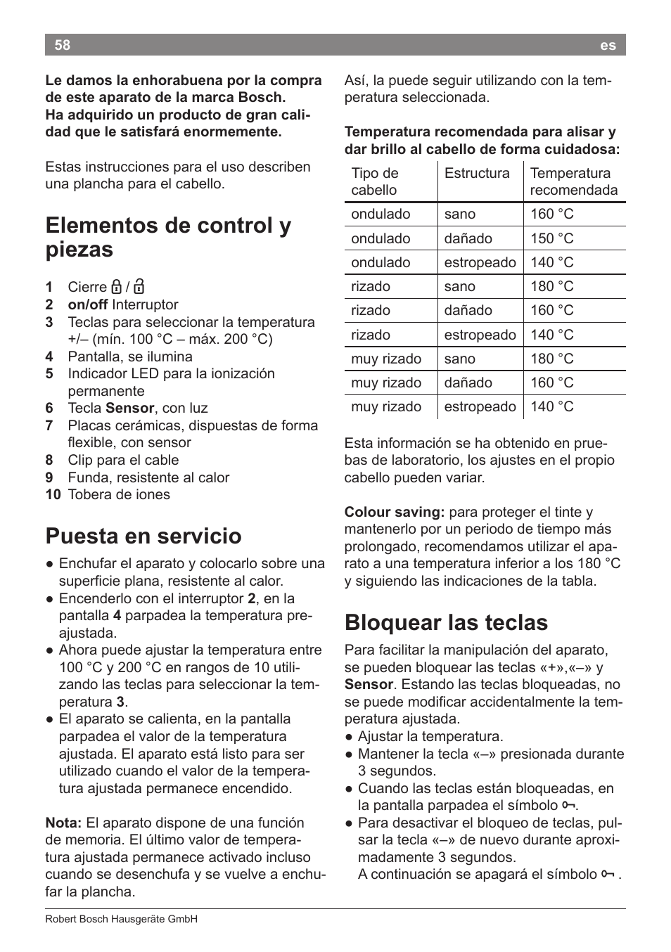 Elementos de control y piezas, Puesta en servicio, Bloquear las teclas | Bosch PHS8667 Haarglätter ProSalon SensorProtection User Manual | Page 62 / 134