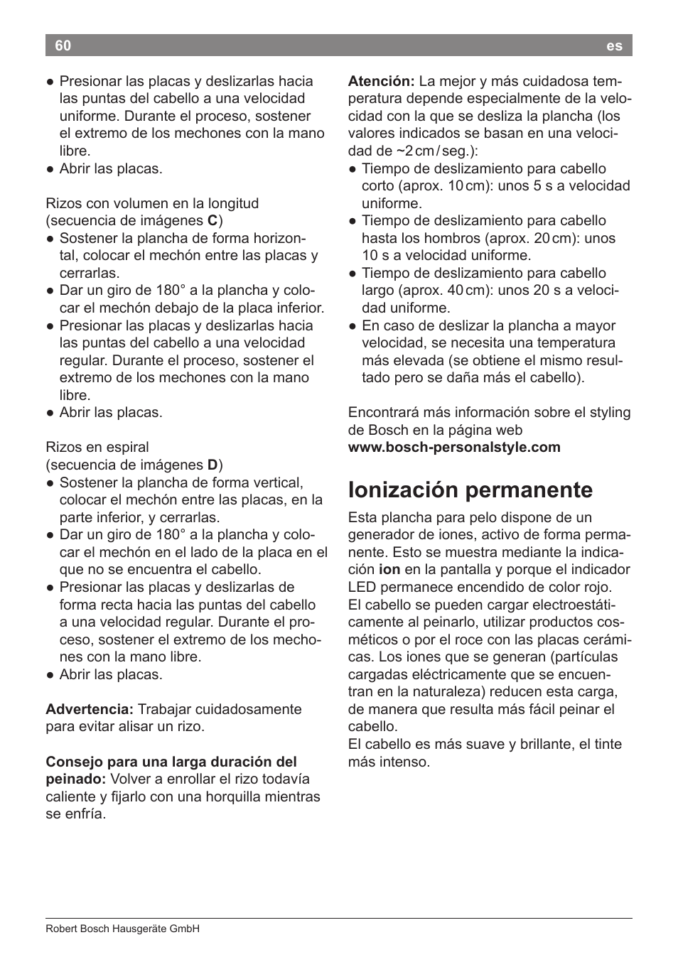 Ionización permanente | Bosch PHS8667 Haarglätter ProSalon SensorProtection User Manual | Page 64 / 134