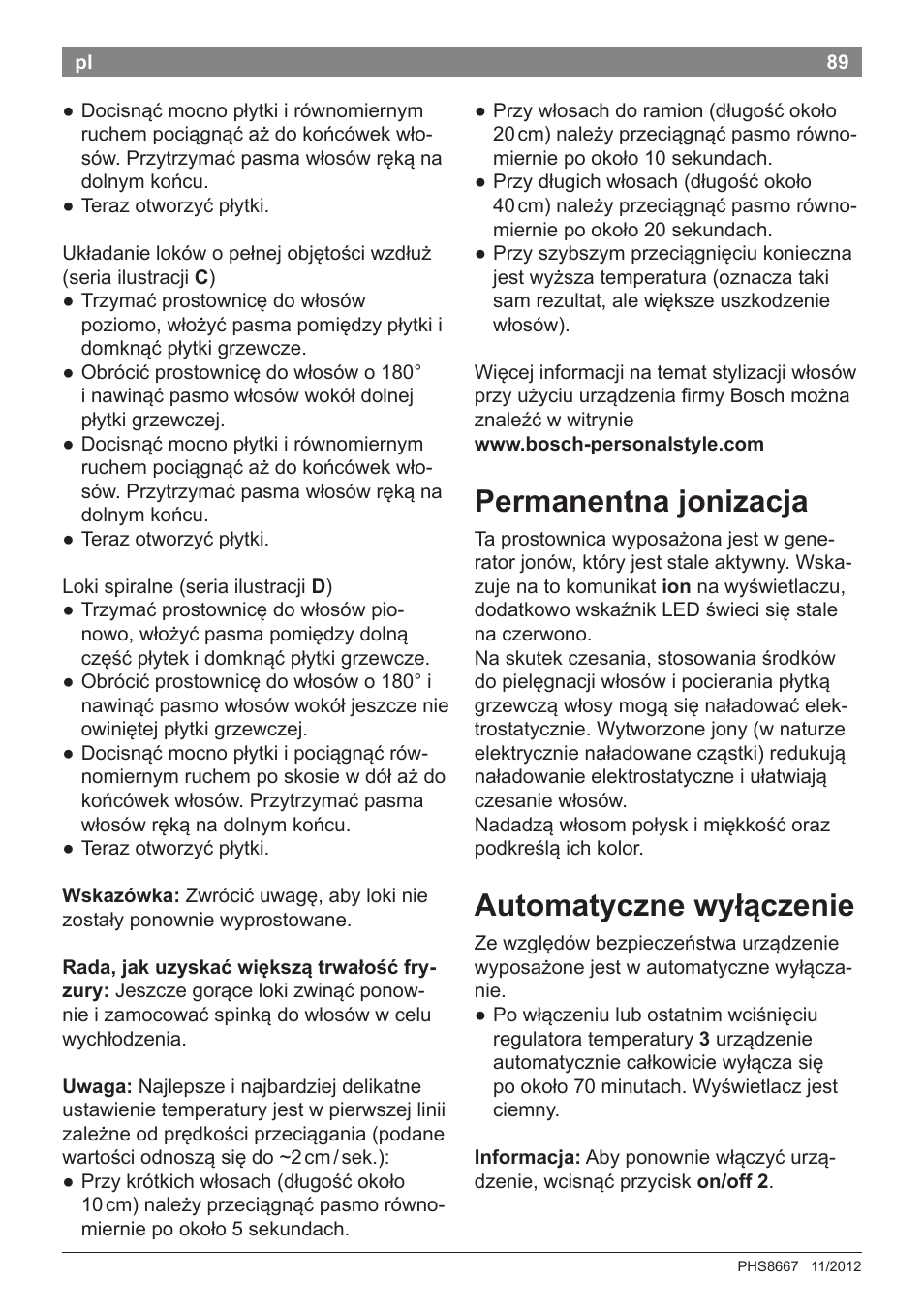 Permanentna jonizacja, Automatyczne wyłączenie | Bosch PHS8667 Haarglätter ProSalon SensorProtection User Manual | Page 93 / 134