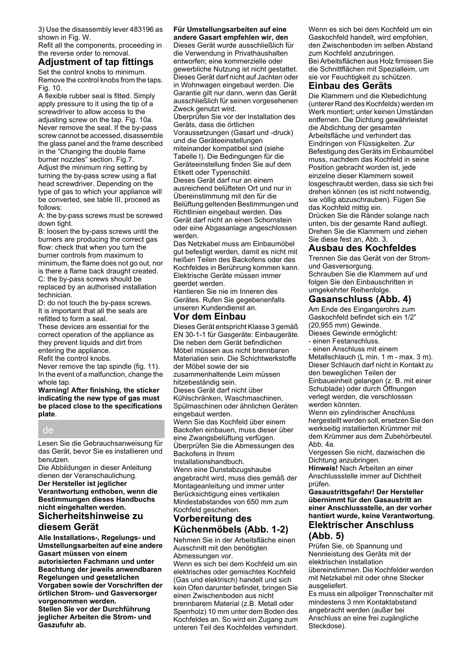 Adjustment of tap fittings, Sicherheitshinweise zu diesem gerät, Vor dem einbau | Vorbereitung des küchenmöbels (abb. 1-2), Einbau des geräts, Ausbau des kochfeldes, Gasanschluss (abb. 4), Elektrischer anschluss (abb. 5) | Bosch PRP626B70E Gas-Kochstelle Glaskeramik 60 cm User Manual | Page 7 / 24