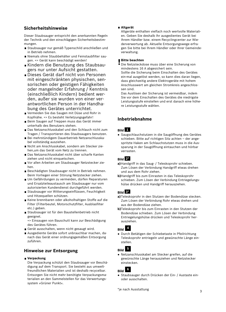 Inbetriebnahme, Sicherheitshinweise, Hinweisezurentsorgung | Bosch Roxx´x HomeProfessional Beutelloser Bodenstaubsauger BGS6PRO2 titanium User Manual | Page 3 / 117