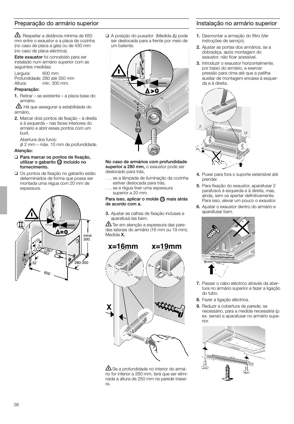 Xx=16mm x=19mm, Preparação do armário superior, Instalação no armário superior | Bosch DHI645H grau-metallic Flachschirmhaube 60 cm User Manual | Page 36 / 40
