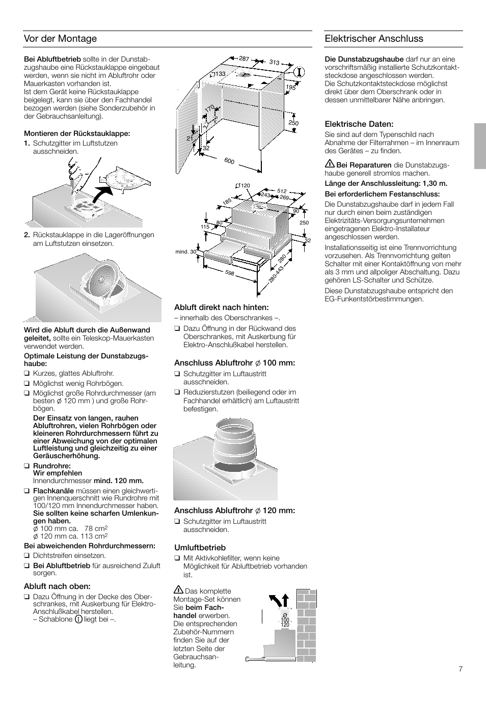 Vor der montage, Elektrischer anschluss | Bosch DHI645H grau-metallic Flachschirmhaube 60 cm User Manual | Page 7 / 40
