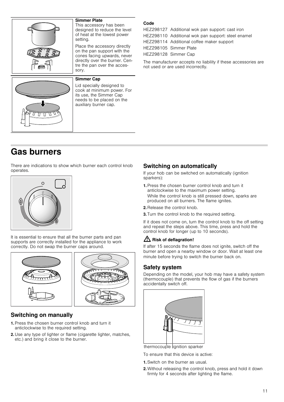 Code, Gas burners, Switching on manually | Switching on automatically, Release the control knob, Turn the control knob to the required setting, Risk of deflagration, Safety system, Switch on the burner as usual | Bosch PCQ875B21E Gas-Kochstelle Edelstahl 75 cm User Manual | Page 11 / 52