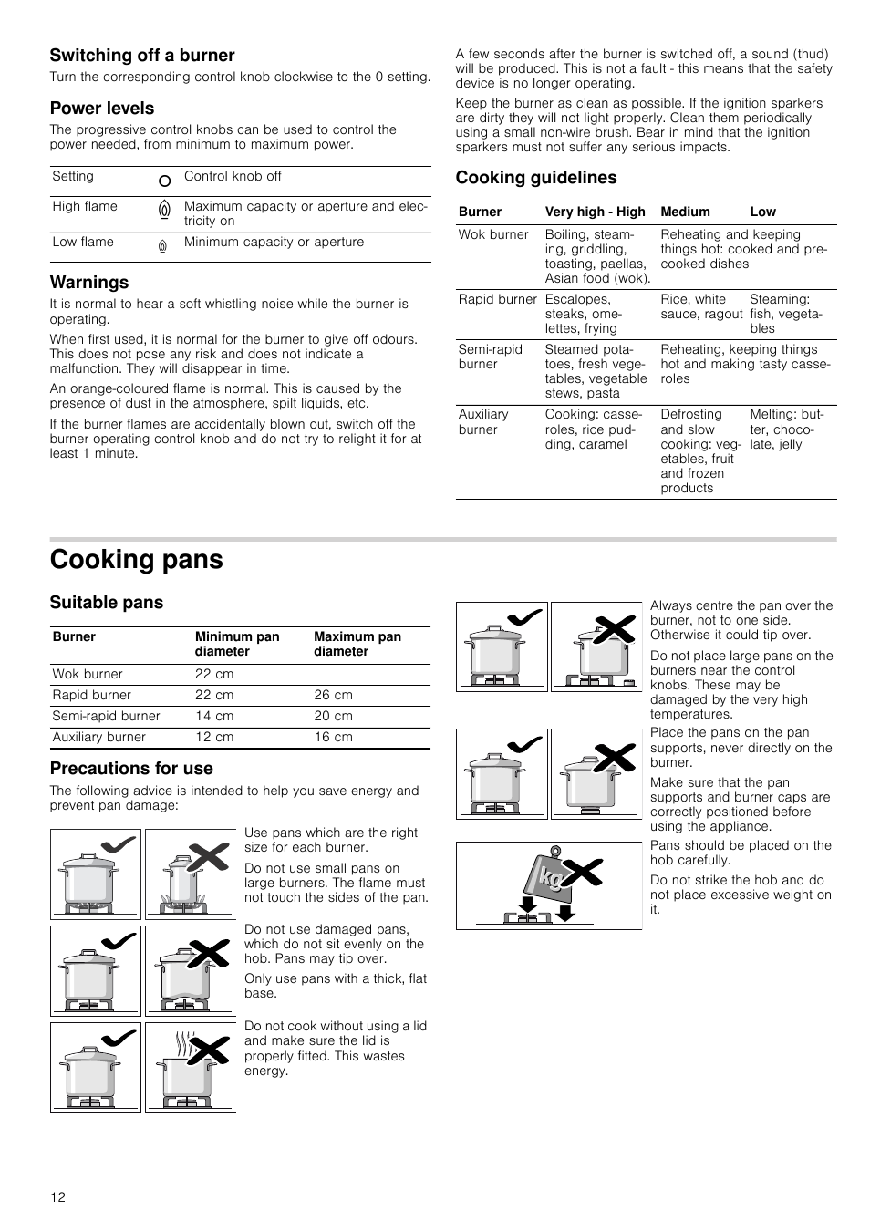 Switching off a burner, Power levels, Warnings | Cooking guidelines, Cooking pans, Suitable pans, Precautions for use, Suitable pans precautions for use | Bosch PCQ875B21E Gas-Kochstelle Edelstahl 75 cm User Manual | Page 12 / 52