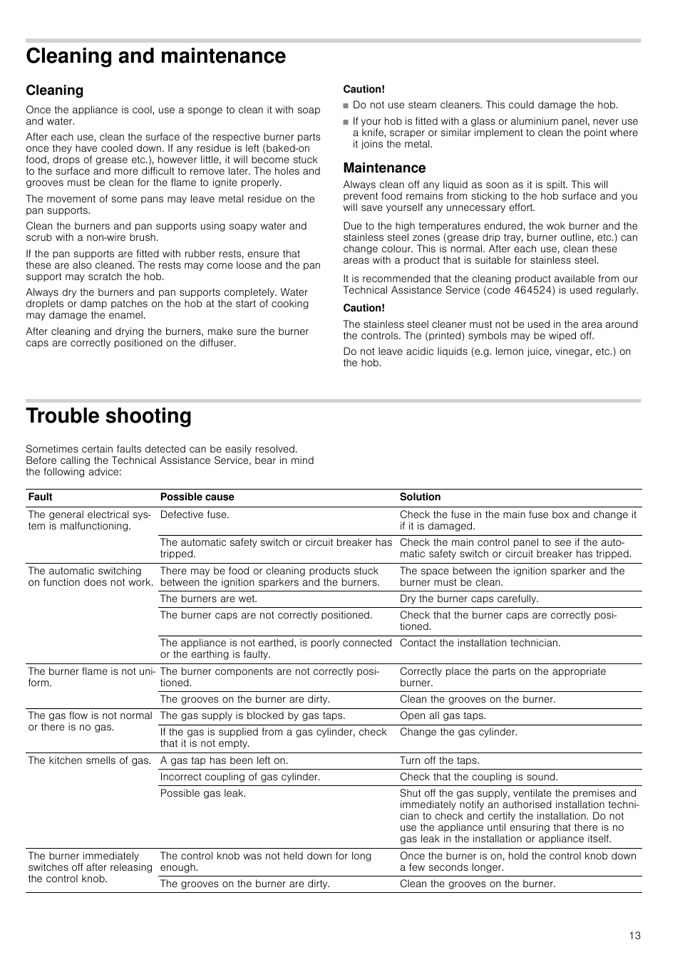 Cleaning and maintenance, Cleaning, Caution | Maintenance, Trouble shooting, Cleaning and maintenance cleaning, Ting | Bosch PCQ875B21E Gas-Kochstelle Edelstahl 75 cm User Manual | Page 13 / 52
