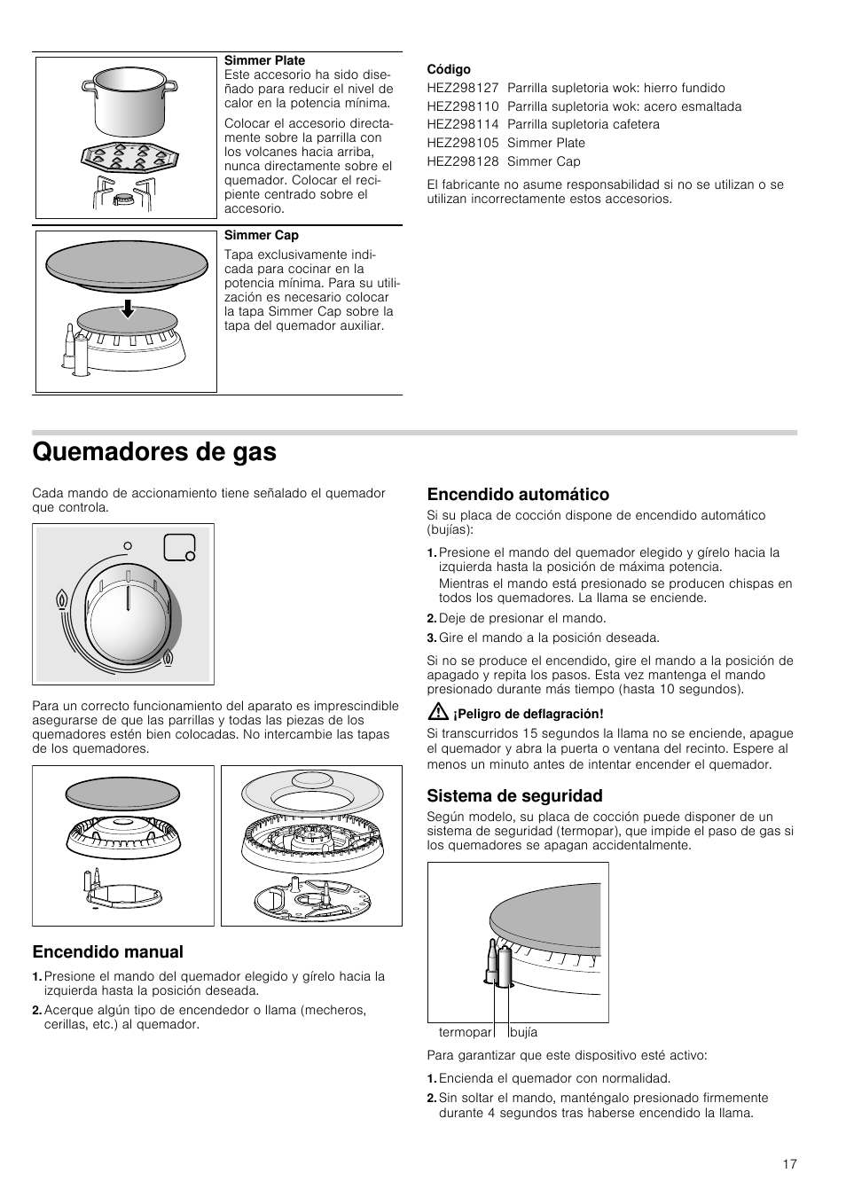Código, Quemadores de gas, Encendido manual | Encendido automático, Deje de presionar el mando, Gire el mando a la posición deseada, Peligro de deflagración, Sistema de seguridad, Encienda el quemador con normalidad, Encendido automático sistema de seguridad | Bosch PCQ875B21E Gas-Kochstelle Edelstahl 75 cm User Manual | Page 17 / 52