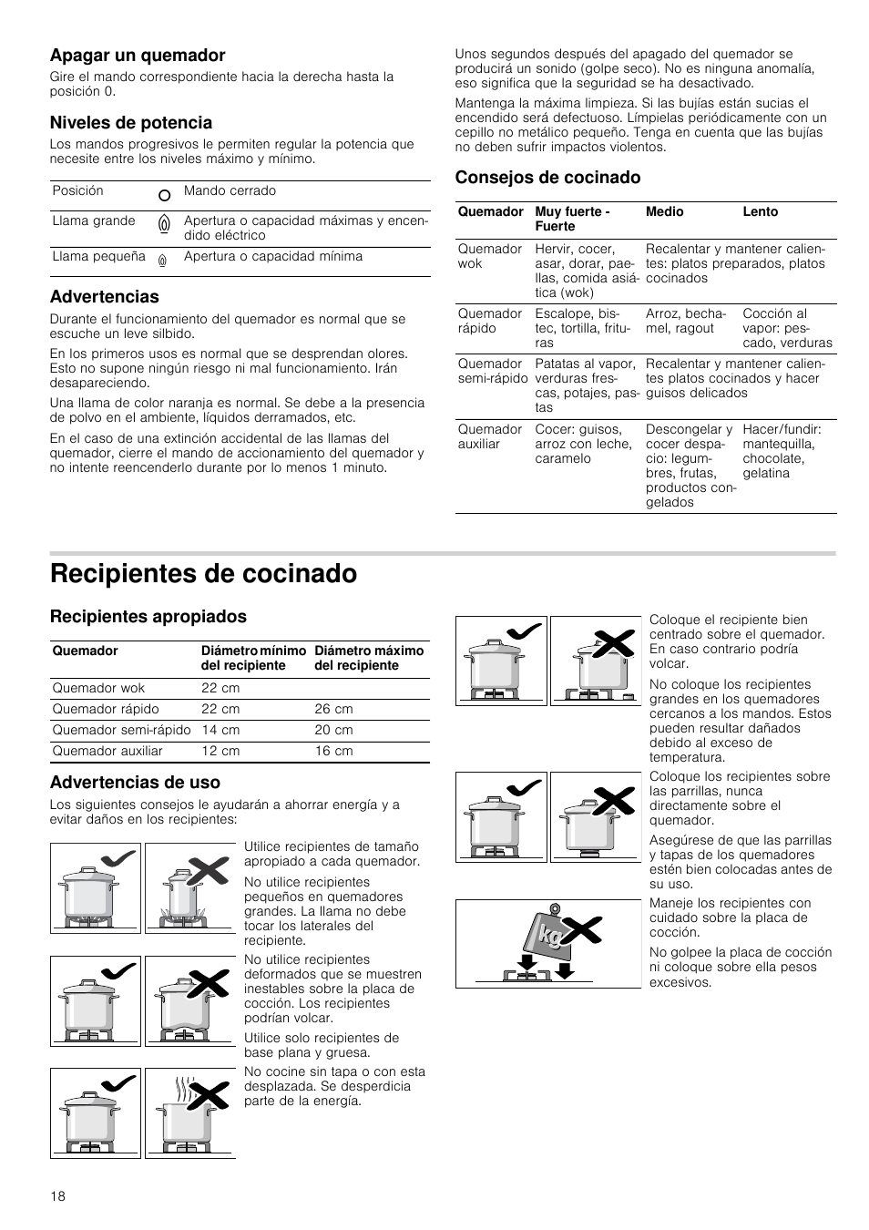 Apagar un quemador, Niveles de potencia, Advertencias | Consejos de cocinado, Recipientes de cocinado, Recipientes apropiados, Advertencias de uso, Recipientes apropiados advertencias de uso | Bosch PCQ875B21E Gas-Kochstelle Edelstahl 75 cm User Manual | Page 18 / 52