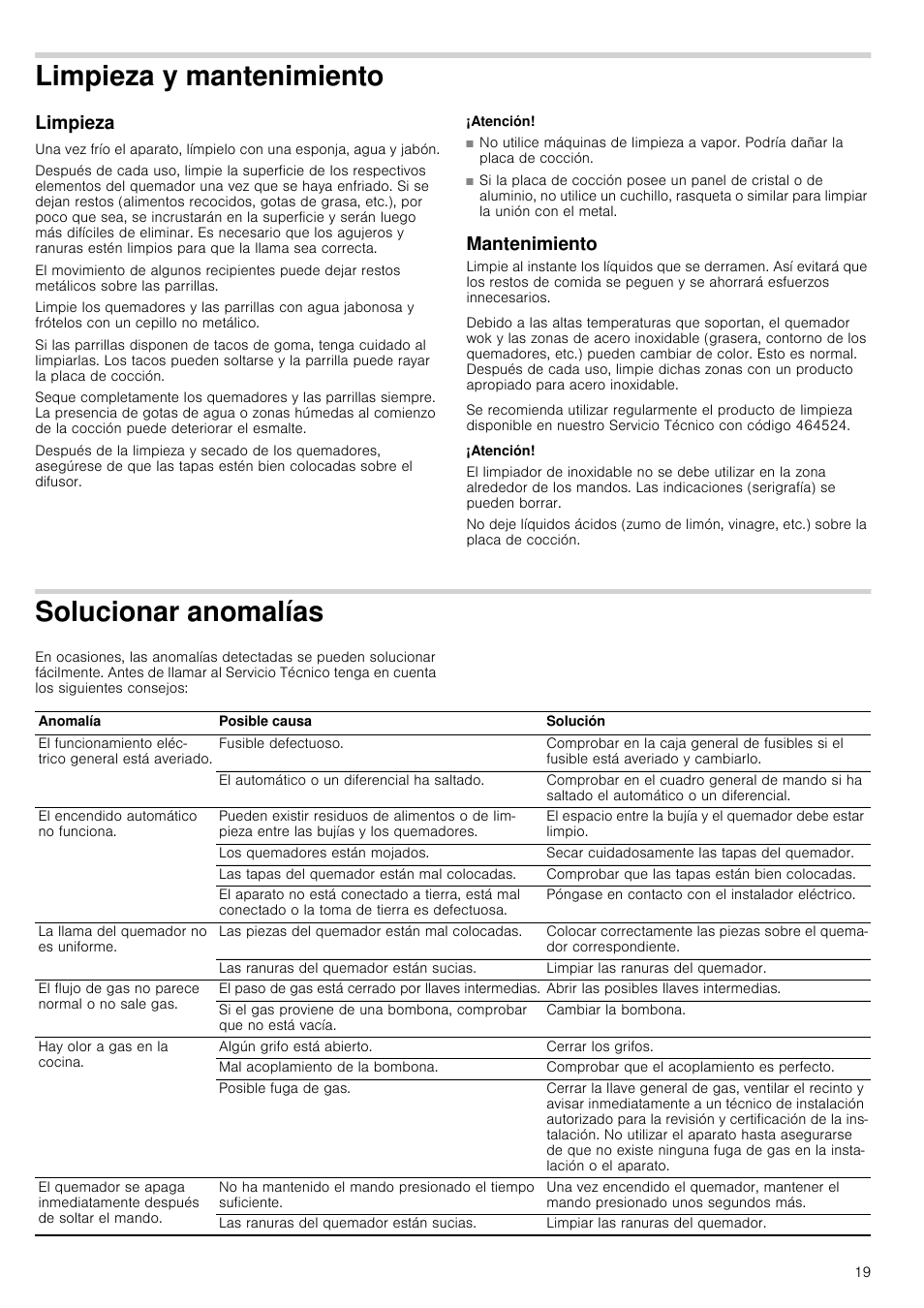 Limpieza y mantenimiento, Limpieza, Atención | Mantenimiento, Solucionar anomalías, O limpieza | Bosch PCQ875B21E Gas-Kochstelle Edelstahl 75 cm User Manual | Page 19 / 52