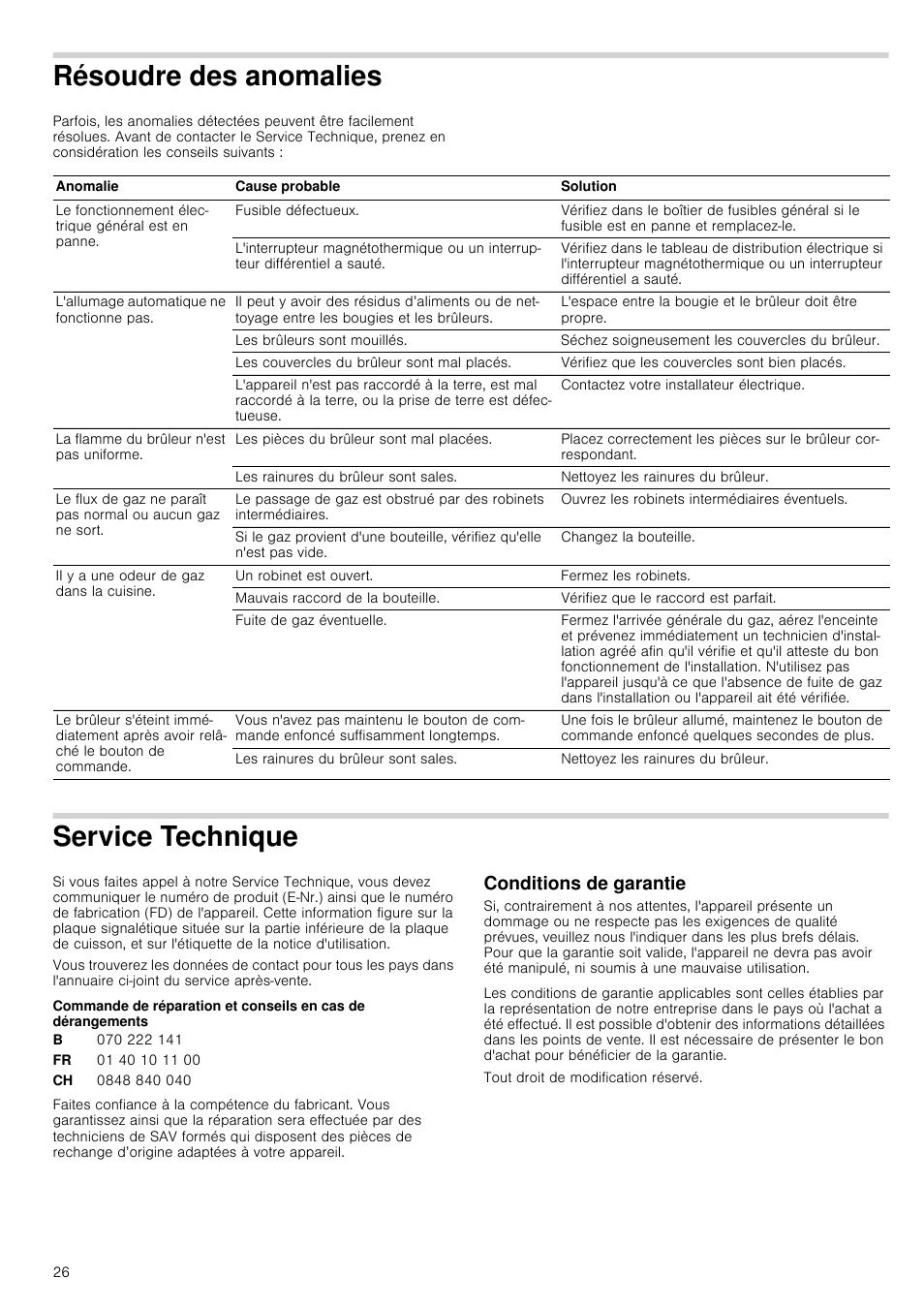 Résoudre des anomalies, Service technique, Conditions de garantie | Tout droit de modification réservé | Bosch PCQ875B21E Gas-Kochstelle Edelstahl 75 cm User Manual | Page 26 / 52