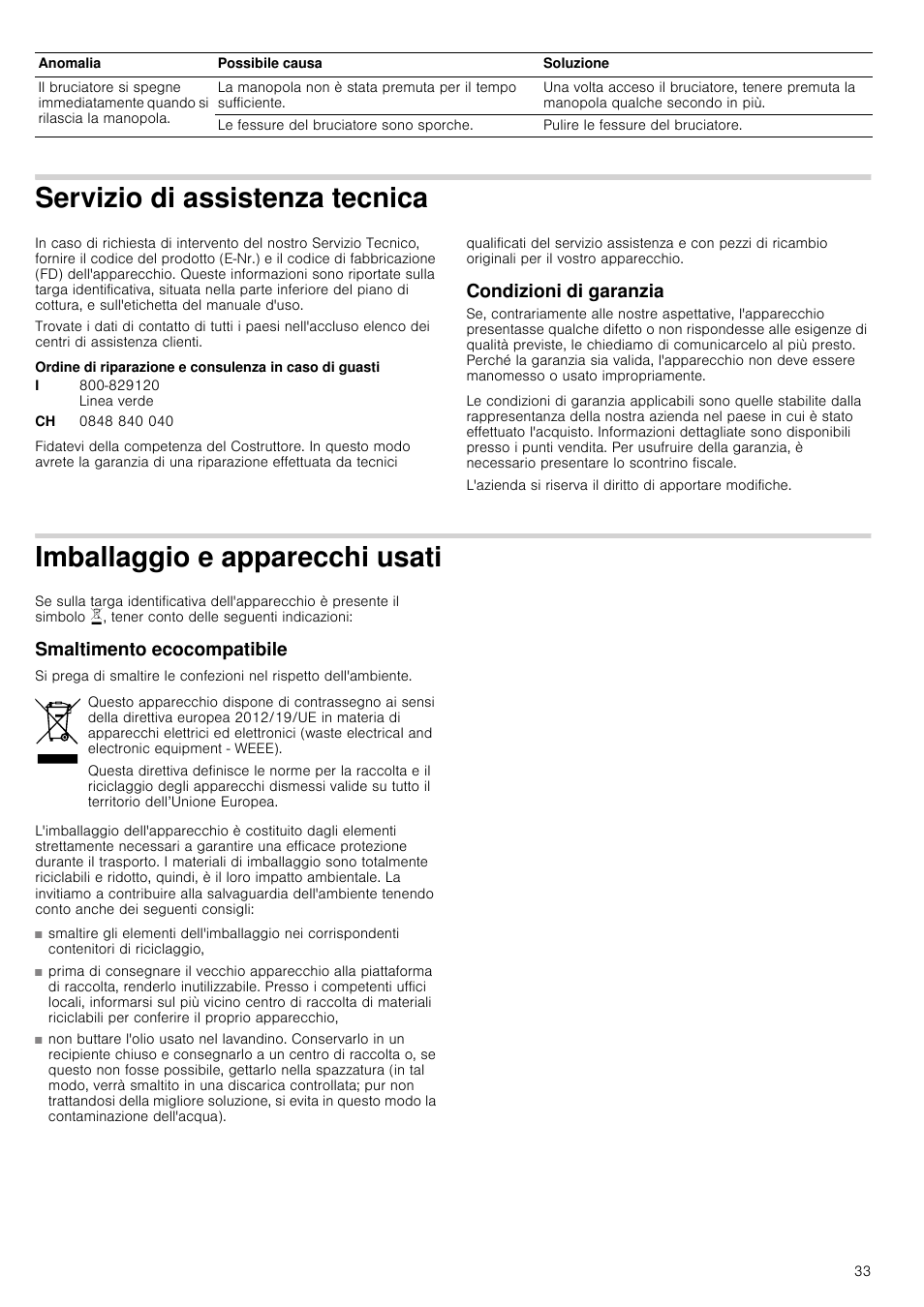 Servizio di assistenza tecnica, Condizioni di garanzia, Imballaggio e apparecchi usati | Smaltimento ecocompatibile, Ecnica condizioni di garanzia, Ecchi usati smaltimento ecocompatibile | Bosch PCQ875B21E Gas-Kochstelle Edelstahl 75 cm User Manual | Page 33 / 52