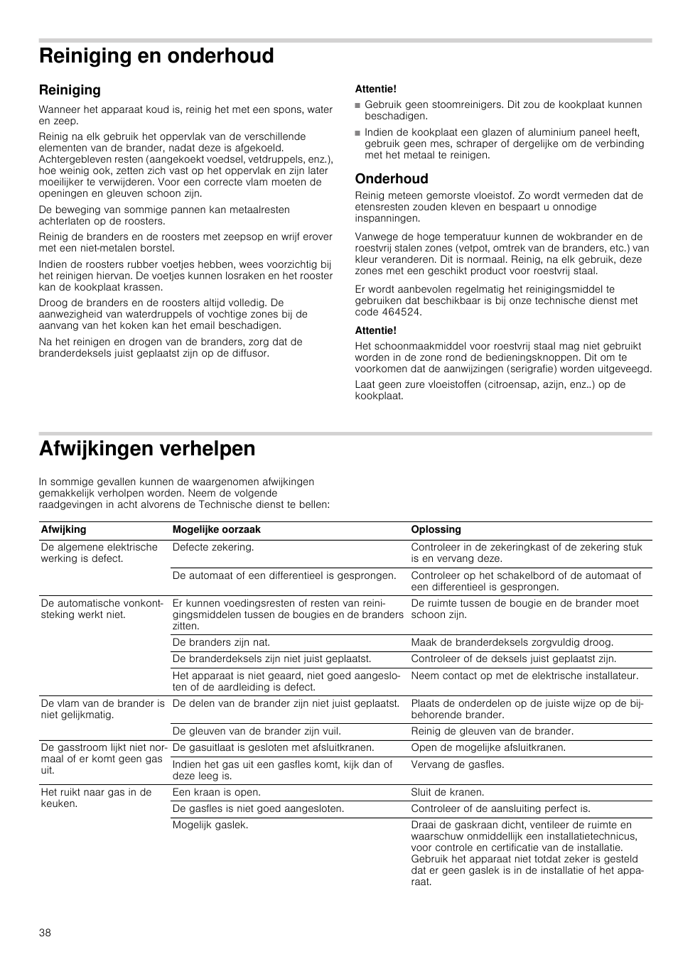 Reiniging en onderhoud, Reiniging, Attentie | Onderhoud, Afwijkingen verhelpen, Reiniging en onderhoud reiniging onderhoud | Bosch PCQ875B21E Gas-Kochstelle Edelstahl 75 cm User Manual | Page 38 / 52