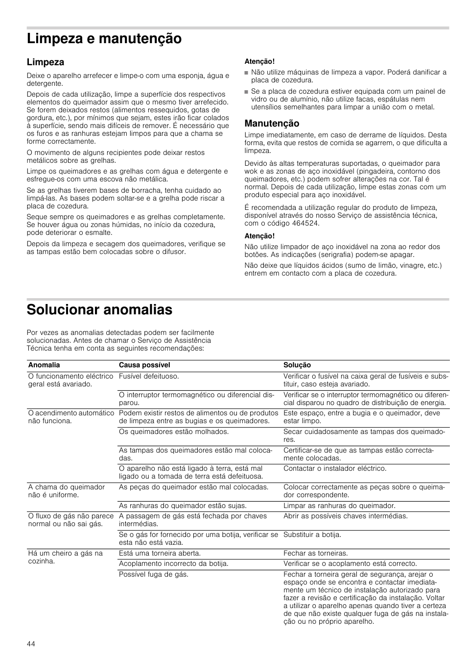 Limpeza e manutenção, Limpeza, Atenção | Manutenção, Solucionar anomalias | Bosch PCQ875B21E Gas-Kochstelle Edelstahl 75 cm User Manual | Page 44 / 52