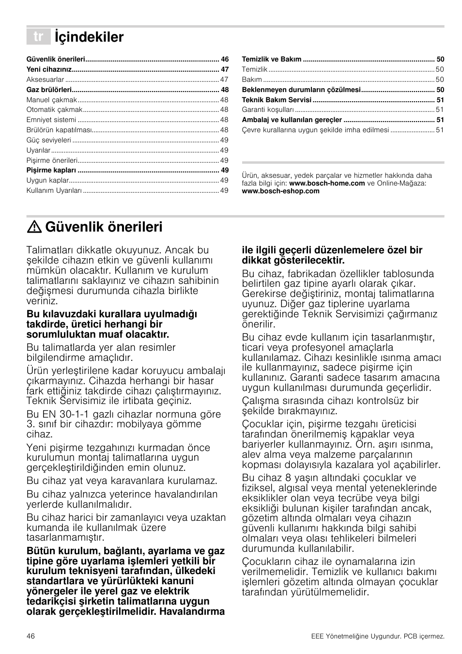 Ô içindekiler[tr] kullanma kιlavuzu, Güvenlik önerileri, Bu cihaz yat veya karavanlara kurulamaz | Vuzu, Içindekiler | Bosch PCQ875B21E Gas-Kochstelle Edelstahl 75 cm User Manual | Page 46 / 52