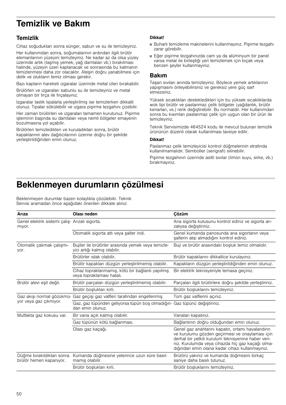 Temizlik ve bakım, Temizlik, Dikkat | Bakım, Beklenmeyen durumların çözülmesi | Bosch PCQ875B21E Gas-Kochstelle Edelstahl 75 cm User Manual | Page 50 / 52