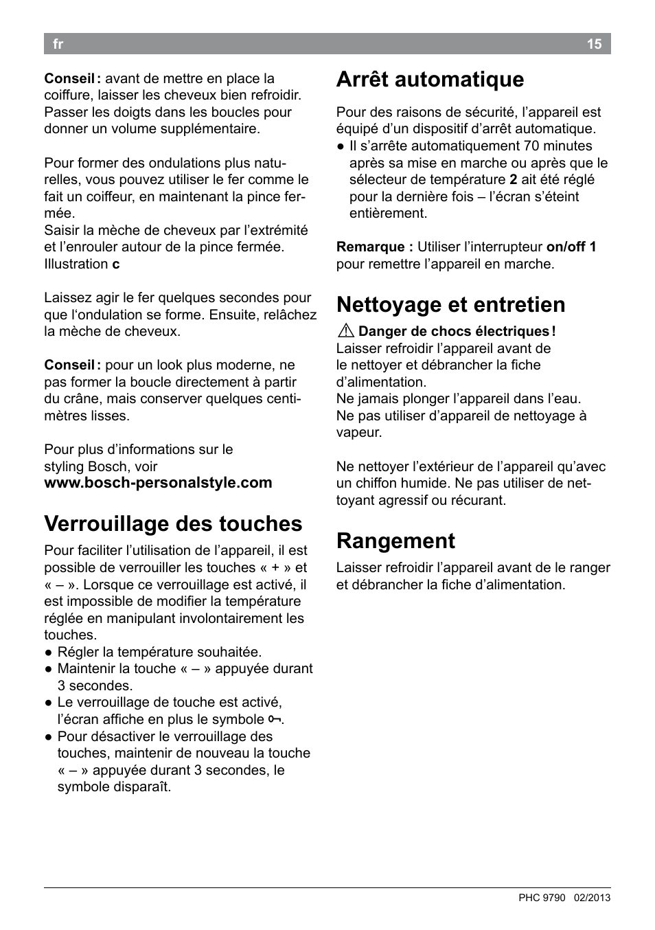 Verrouillage des touches, Arrêt automatique, Nettoyage et entretien | Rangement | Bosch PHC9790 Lockenstab ProSalon Big Hair User Manual | Page 17 / 108