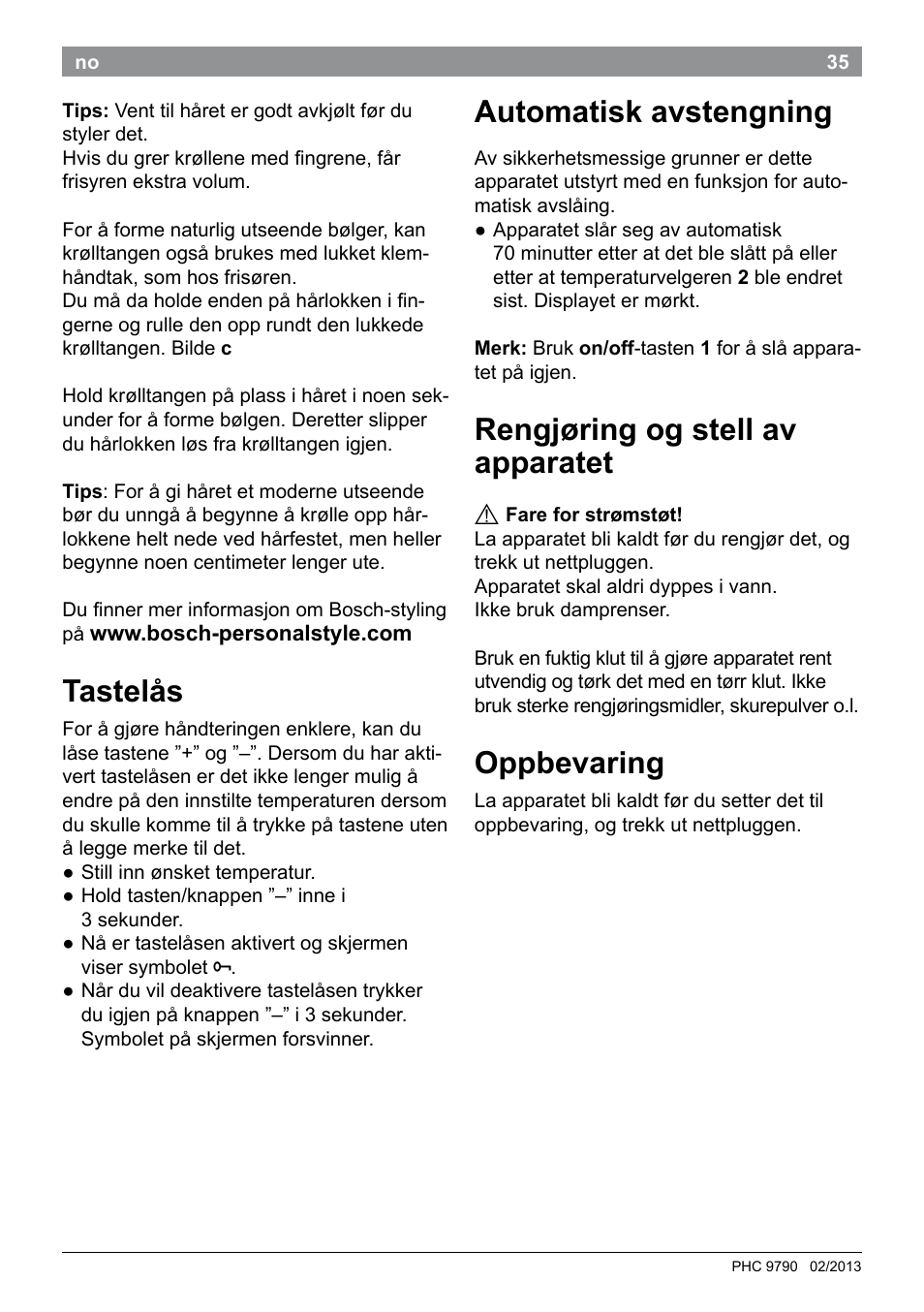 Tastelås, Automatisk avstengning, Rengjøring og stell av apparatet | Oppbevaring | Bosch PHC9790 Lockenstab ProSalon Big Hair User Manual | Page 37 / 108