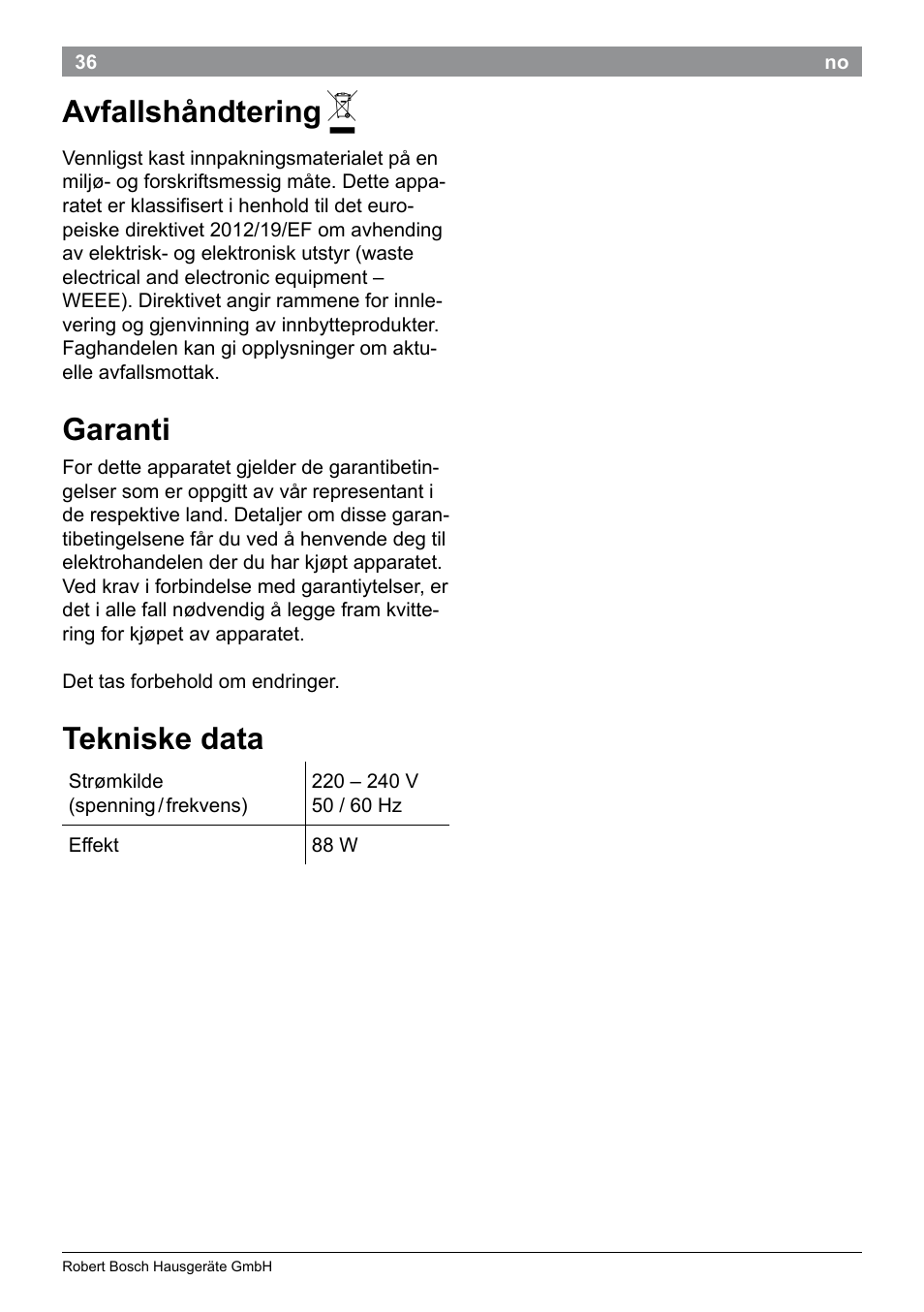 Avfallshåndtering, Garanti, Tekniske data | Bosch PHC9790 Lockenstab ProSalon Big Hair User Manual | Page 38 / 108