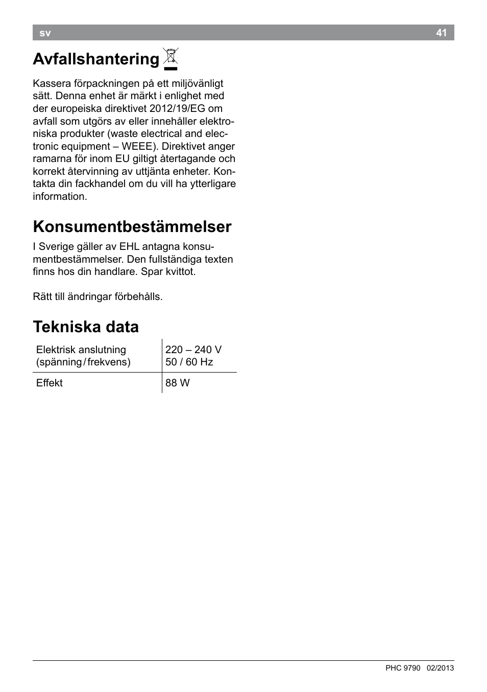 Avfallshantering, Konsumentbestämmelser, Tekniska data | Bosch PHC9790 Lockenstab ProSalon Big Hair User Manual | Page 43 / 108