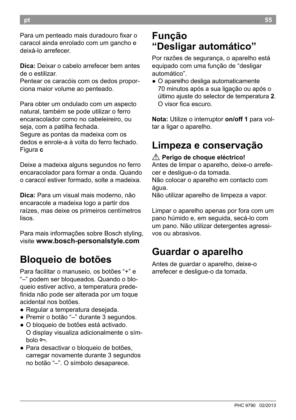 Função “desligar automático, Limpeza e conservação, Guardar o aparelho | Bloqueio de botões | Bosch PHC9790 Lockenstab ProSalon Big Hair User Manual | Page 57 / 108