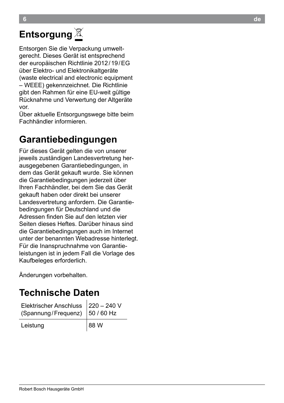 Entsorgung, Garantiebedingungen, Technische daten | Bosch PHC9790 Lockenstab ProSalon Big Hair User Manual | Page 8 / 108